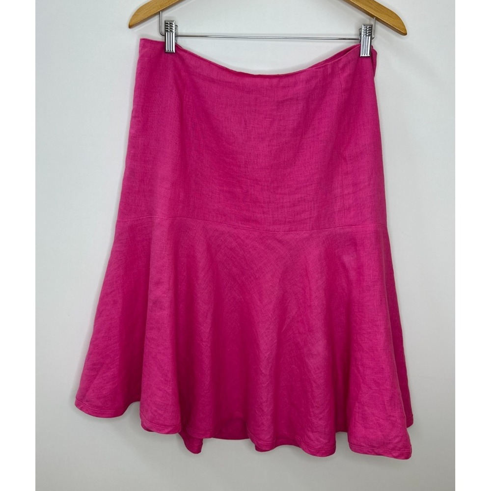 Lauren Ralph Lauren Pink 100% Linen Flounce Hem Skirt Sz 14 A-Line Flare Preppy - Picture 3 of 12